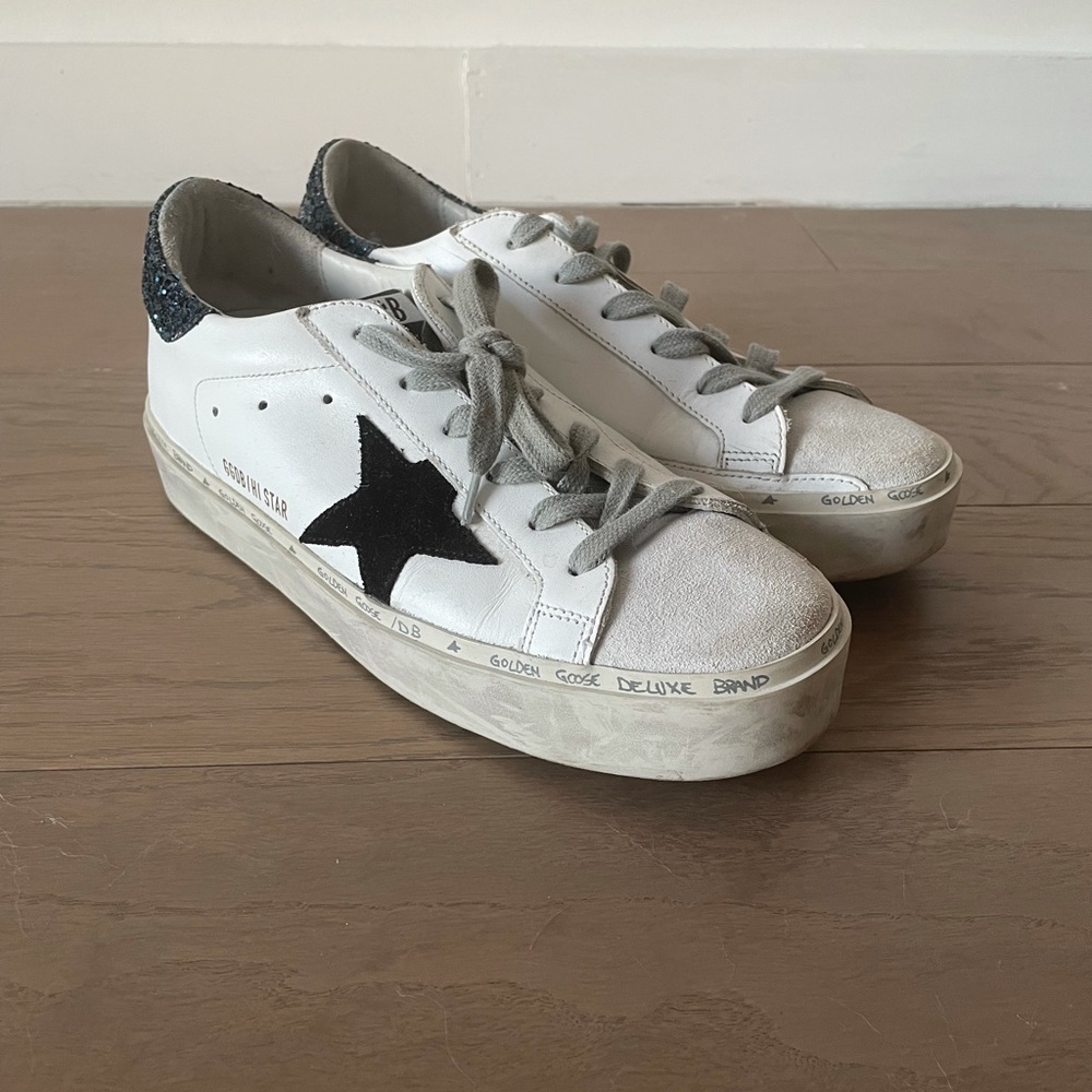 Golden Goose Hi Star Leather Sneakers White Black Star Blue Glitter - Picture 5 of 10